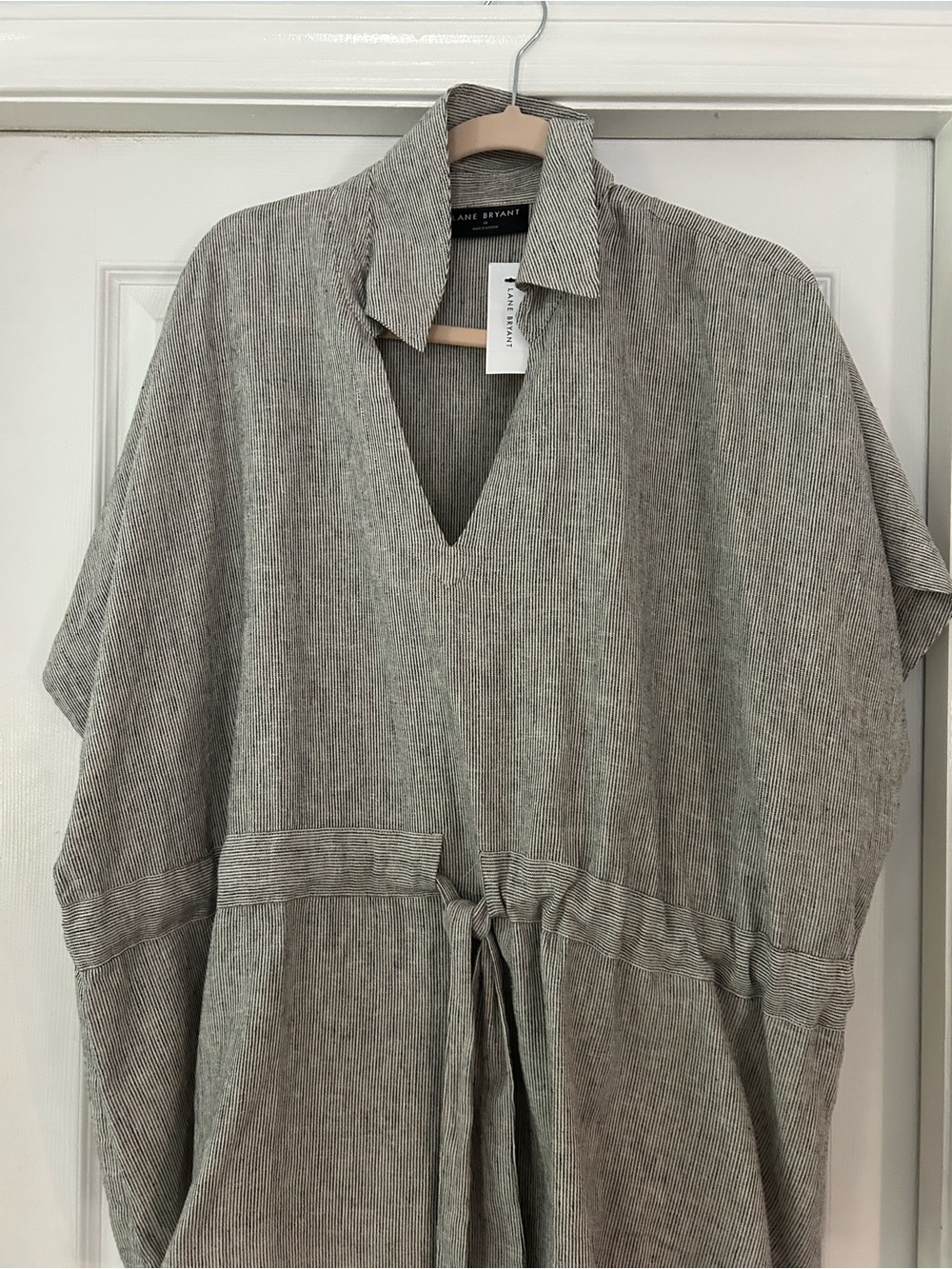 Lane Bryant Wimans Tan/Striped Drawstring Linen-Blend Top
